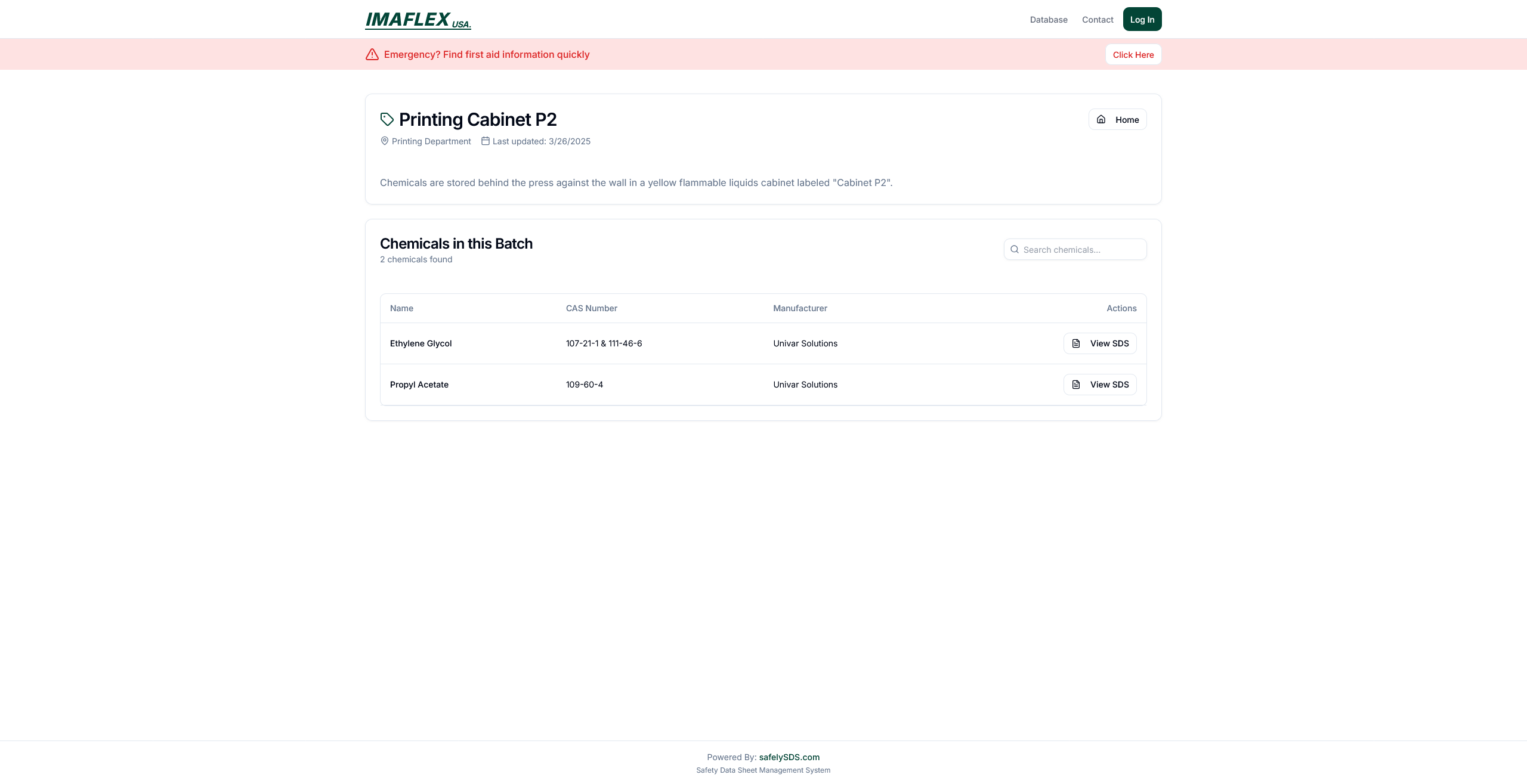 Page showing all chemicals and hazards for a specific batch