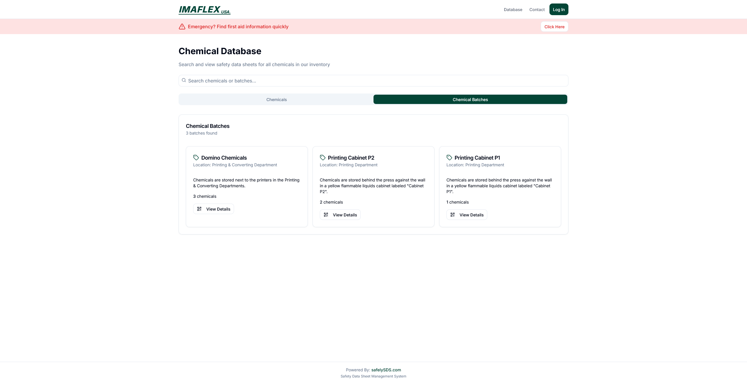 Dashboard showing different batches of chemicals