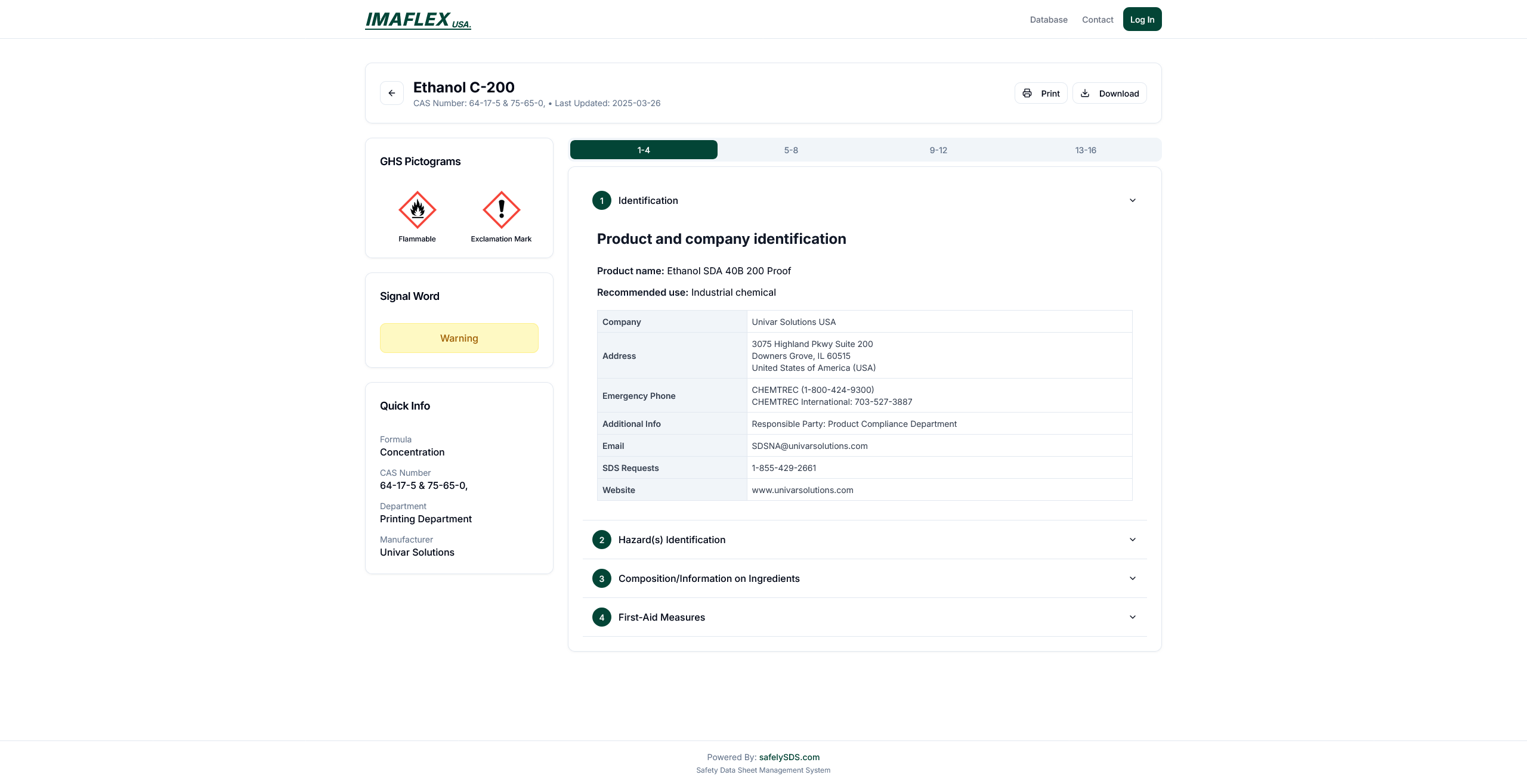 Specific chemical page with hazard and manufacturer info